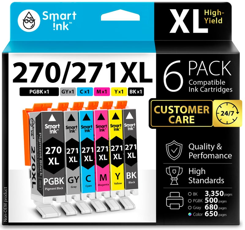 Smart Ink خراطيش حبر متوافقة ذكية بديلة لطابعة كانون بيكسما PGI-270XL PGI 270 XL CLI-271XL CLI 271 مجموعة 6 عبوات لطابعة كانون TS9020 TS8020 MG7720 (1 PGBK و 1 أسود/رمادي/سماوي/أرجواني/أصفر) - Image 1